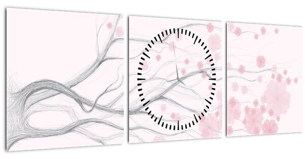 Slika - Rožnate rože (sa satom) (90x30 cm)