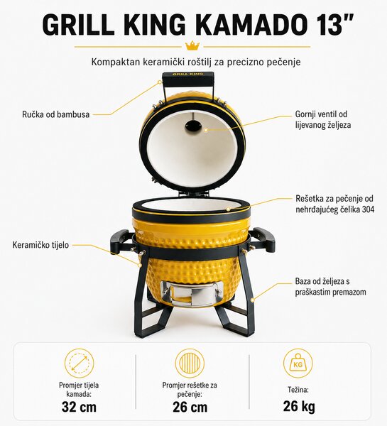 Grill King Kamado PRO JUNIOR 13" prijenosni keramički roštilj, 33 cm
