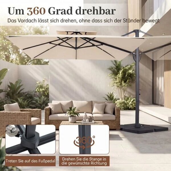 Konzolni suncobran 300 x 300 cm, kvadratni suncobran s nožnom pedalom i ručicom, rotirajući za 360°, bež/sivi