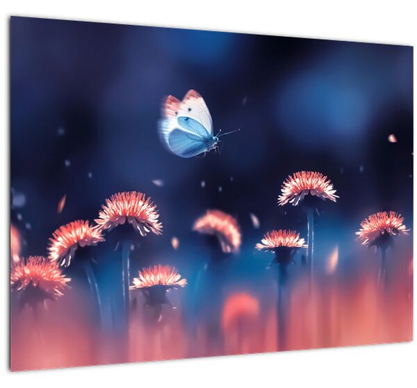 Staklena slika maslačaka s plavim leptirom (70x50 cm)