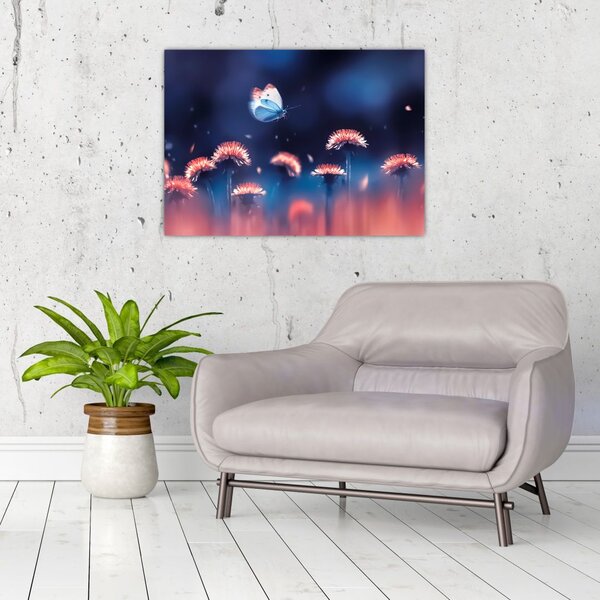 Staklena slika maslačaka s plavim leptirom (70x50 cm)