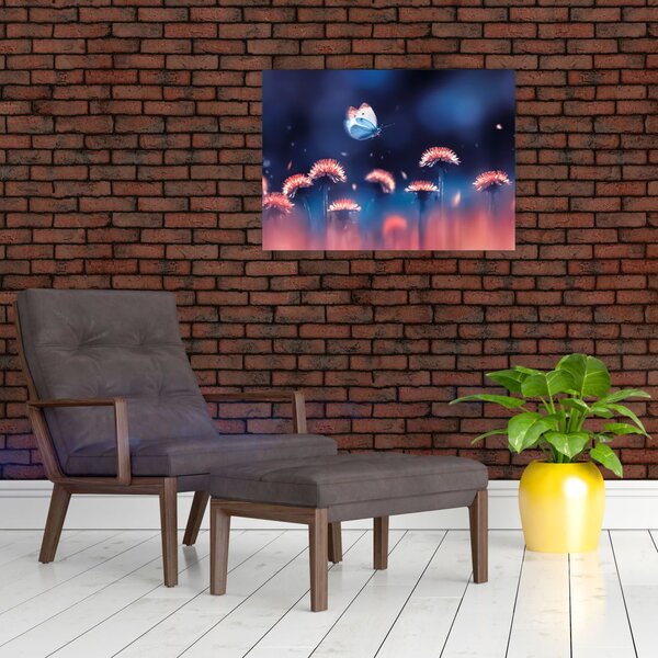 Staklena slika maslačaka s plavim leptirom (70x50 cm)