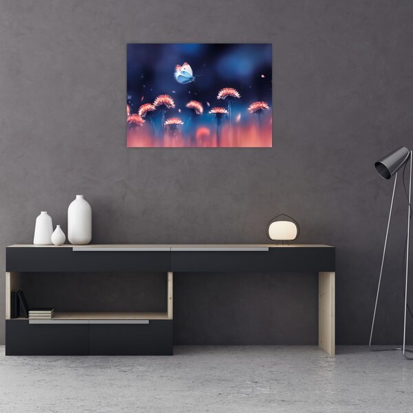 Staklena slika maslačaka s plavim leptirom (70x50 cm)