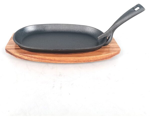 Grill King Cast Iron BBQ ovalna grill tavica s podloškom od drva agacije, 24 cm