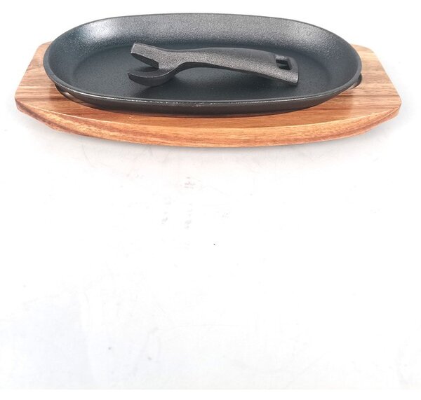 Grill King Cast Iron BBQ ovalna grill tavica s podloškom od drva agacije, 24 cm