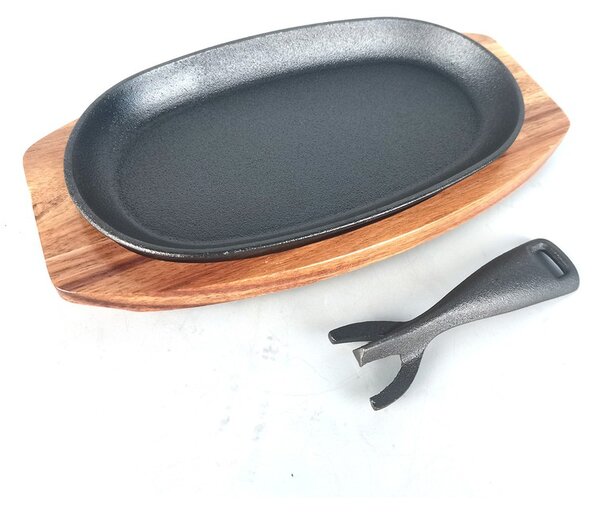 Grill King Cast Iron BBQ ovalna grill tavica s podloškom od drva agacije, 24 cm
