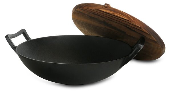Grill King Cast Iron wok s integriranim ručkama i drvenim poklopcem, 36 cm