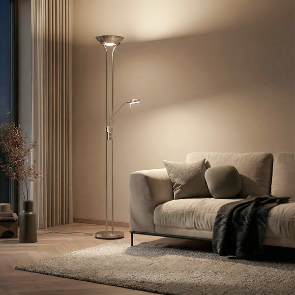 Lindby LED podna lampa Josefin, nikal, svjetlo za čitanje, prigušivanje, prigušiva, Sivo, Dnevni boravak/blagovaonica, Metal, Svjetlo za čitanje