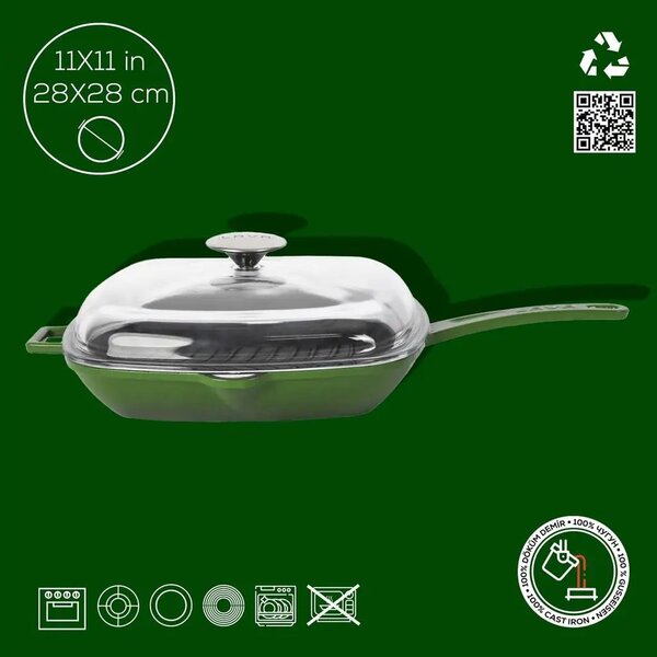 Lava četvrtasta rebrasta grill tava s integriranim ručkama i staklenim poklopcem