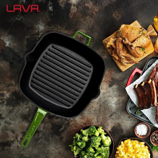 Lava četvrtasta rebrasta grill tava s integriranim ručkama i staklenim poklopcem