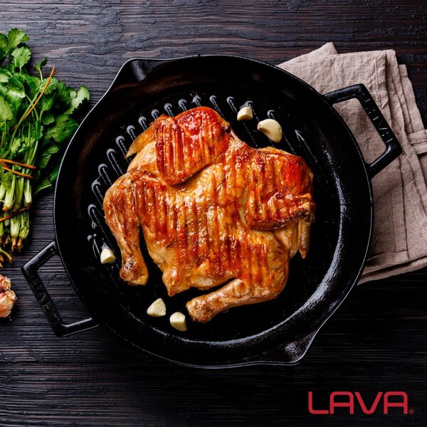 Lava okrugla rebrasta grill tava s integriranim ručkama i staklenim poklopcem