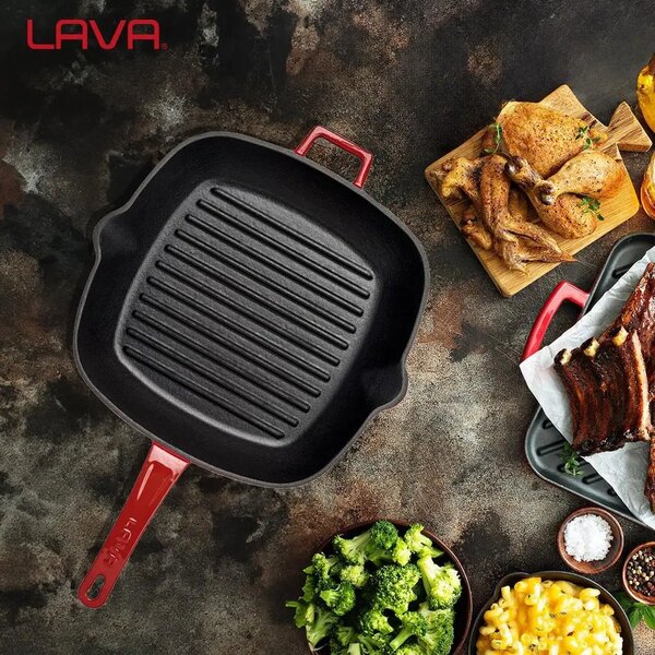 Lava četvrtasta rebrasta grill tava s integriranim ručkama i staklenim poklopcem
