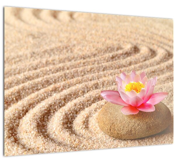Staklena slika kamena s cvijetom na pijesku (70x50 cm)