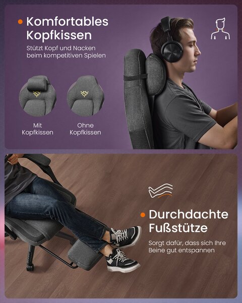 Ergonomska gaming stolica s osloncem za noge, 70 x 70 x (119–129) cm, siva | SONGMICS