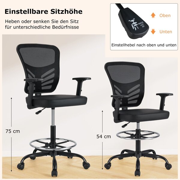 Ergonomska uredska stolica, visina sjedala 54-75 cm, visoka okretna stolica sa sklopivim naslonima za ruke, crna