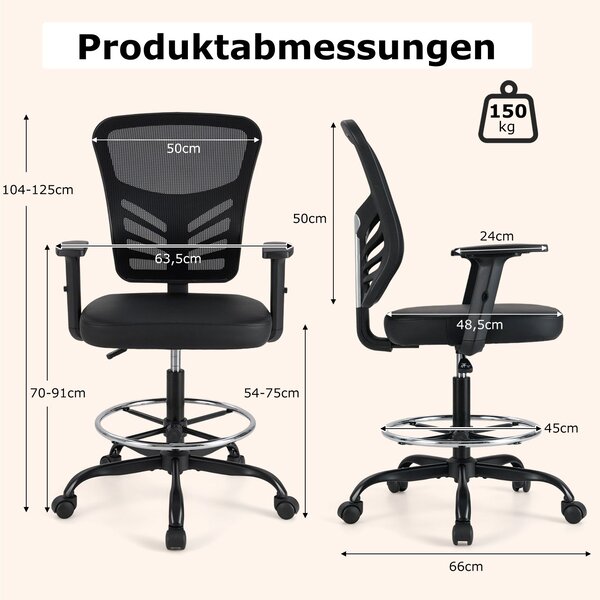 Ergonomska uredska stolica, visina sjedala 54-75 cm, visoka okretna stolica sa sklopivim naslonima za ruke, crna