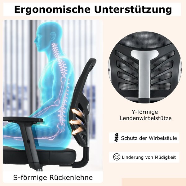 Ergonomska uredska stolica, visina sjedala 54-75 cm, visoka okretna stolica sa sklopivim naslonima za ruke, crna
