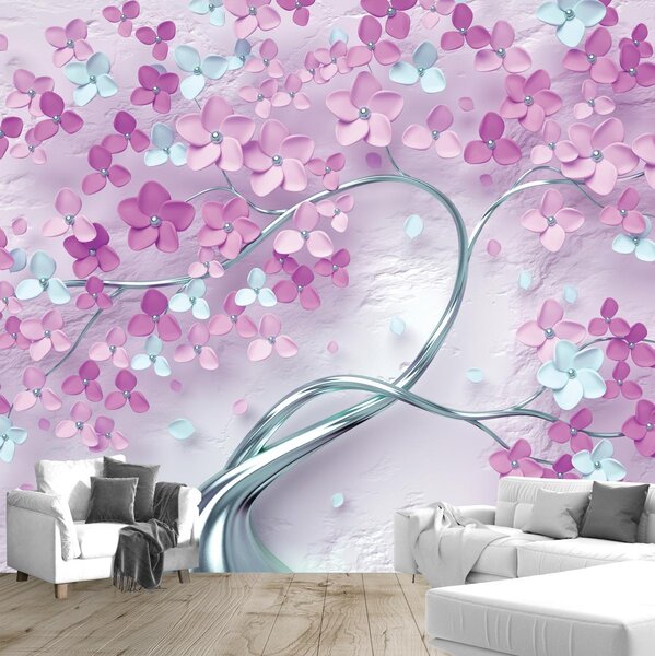 Foto tapeta - Ljubičasto drvo s cvijećem 3D (147x102 cm)