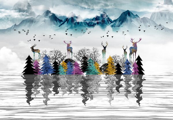 Foto tapeta - Jeleni nad vodom (147x102 cm)