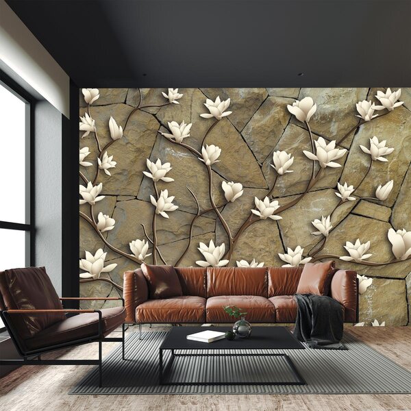 Foto tapeta - Bijele magnolije na kamenom zidu (147x102 cm)