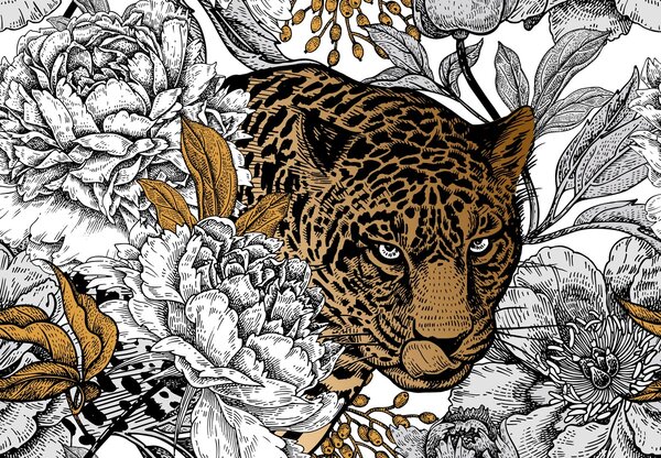 Foto tapeta - Leopard u božurima (147x102 cm)