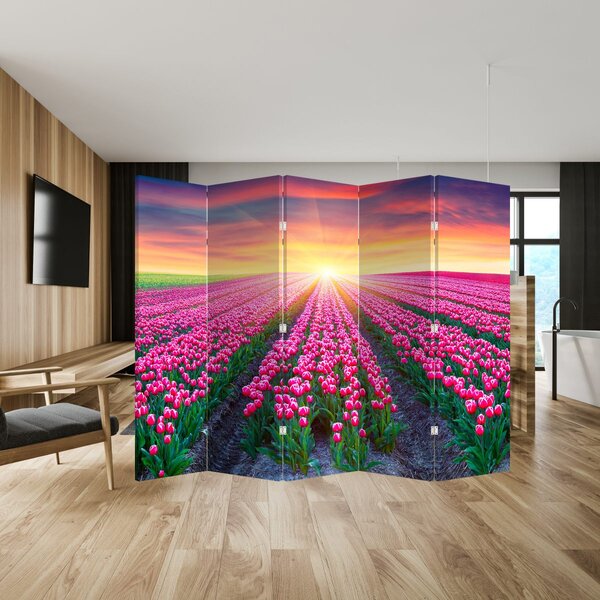 Paravan - Polje tulipana sa suncem (210x170 cm)