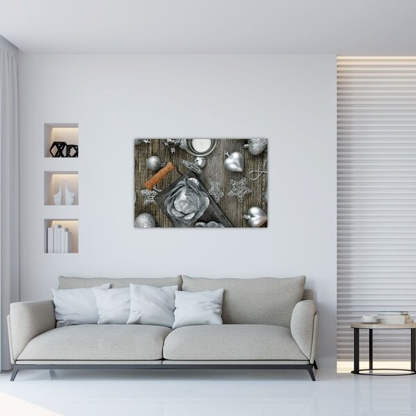 Slika - srebrni božićni ukrasi (90x60 cm)
