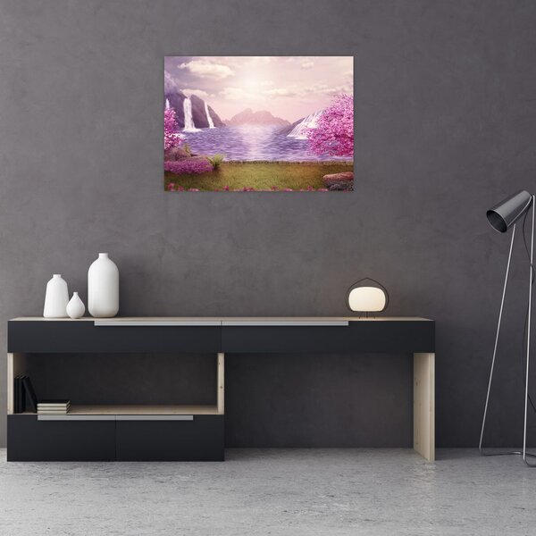 Slika ružičastih stabala s jezerom (70x50 cm)
