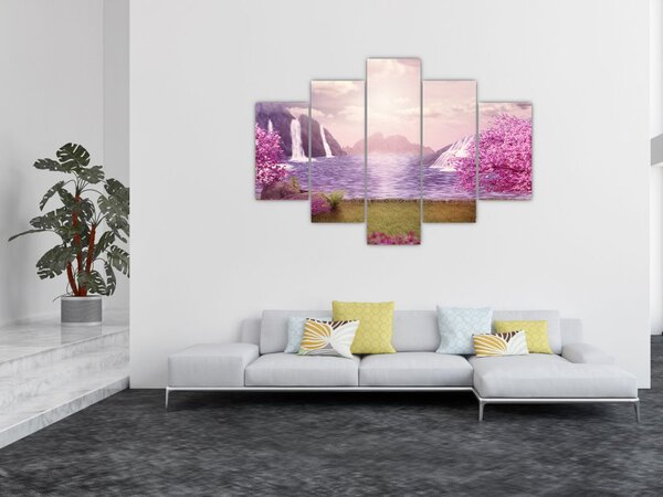 Slika ružičastih stabala s jezerom (150x105 cm)