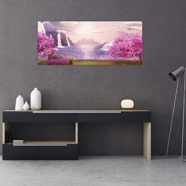Slika ružičastih stabala s jezerom (120x50 cm)