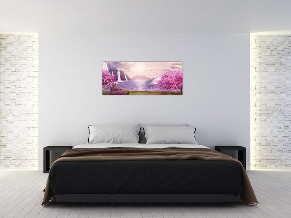 Slika ružičastih stabala s jezerom (120x50 cm)