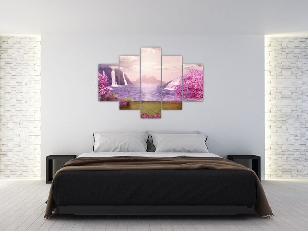 Slika ružičastih stabala s jezerom (150x105 cm)