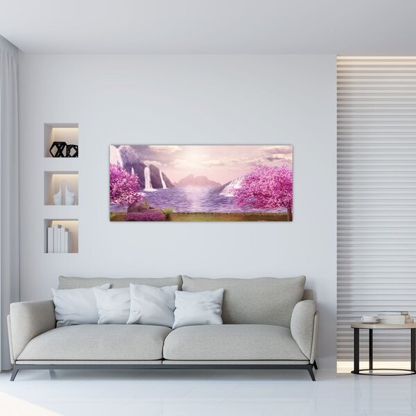Slika ružičastih stabala s jezerom (120x50 cm)