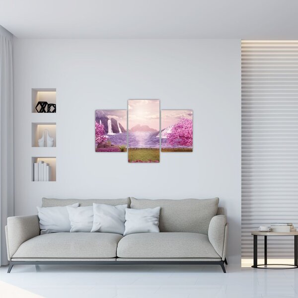 Slika ružičastih stabala s jezerom (90x60 cm)
