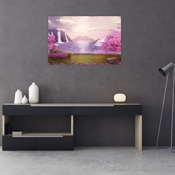 Slika ružičastih stabala s jezerom (90x60 cm)