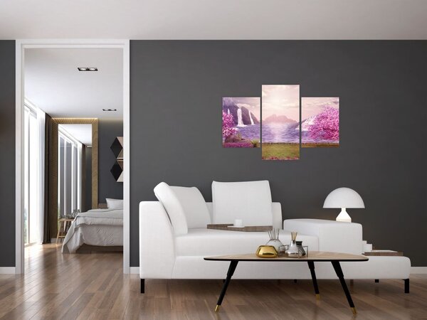 Slika ružičastih stabala s jezerom (90x60 cm)