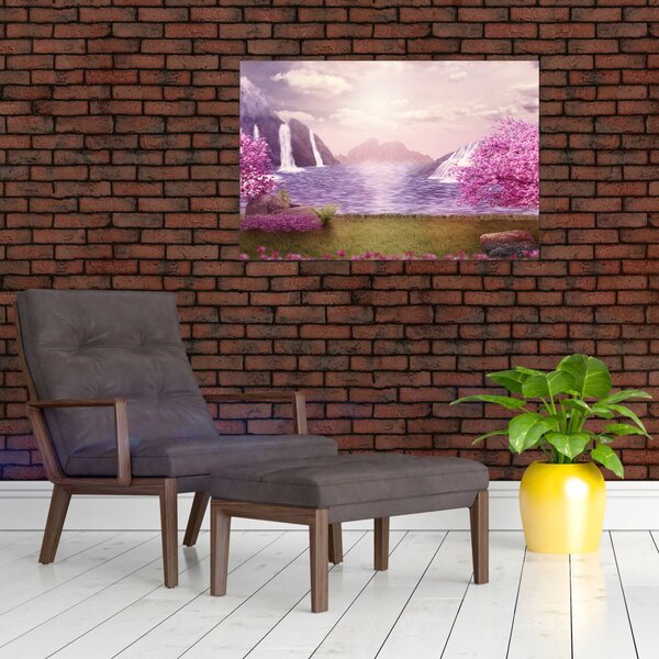 Slika ružičastih stabala s jezerom (90x60 cm)