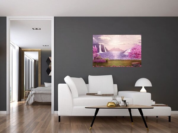 Slika ružičastih stabala s jezerom (90x60 cm)