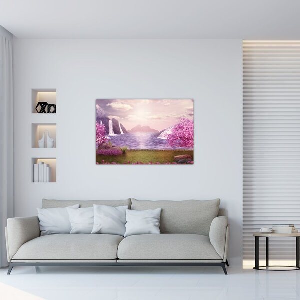 Slika ružičastih stabala s jezerom (90x60 cm)