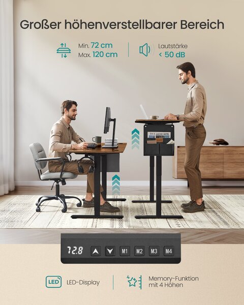 Električni radni stol podesive visine, 70 x 160 x 72–120 cm, smeđe-crni | SONGMICS