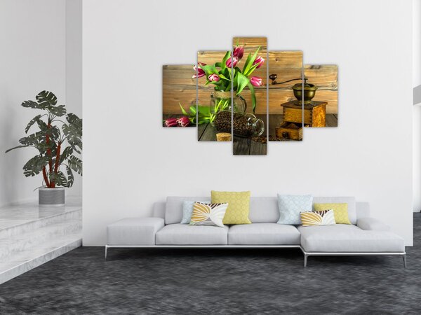 Slika - tulipani, mlinac i kava (150x105 cm)
