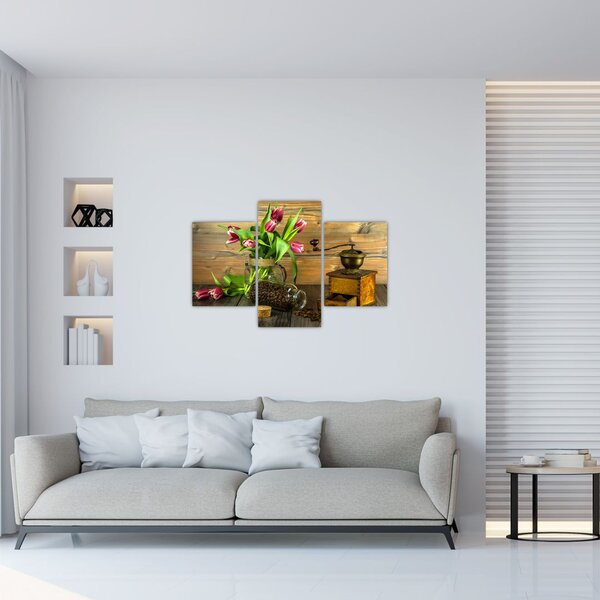 Slika - tulipani, mlinac i kava (90x60 cm)
