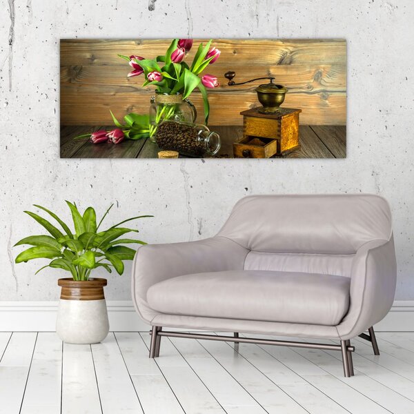 Slika - tulipani, mlinac i kava (120x50 cm)