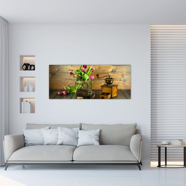 Slika - tulipani, mlinac i kava (120x50 cm)