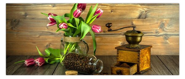 Slika - tulipani, mlinac i kava (120x50 cm)