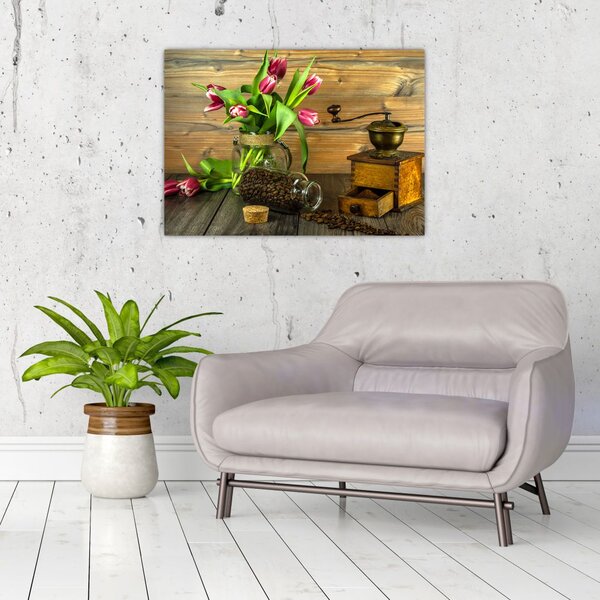 Slika - tulipani, mlinac i kava (70x50 cm)
