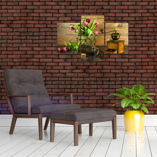 Slika - tulipani, mlinac i kava (90x60 cm)