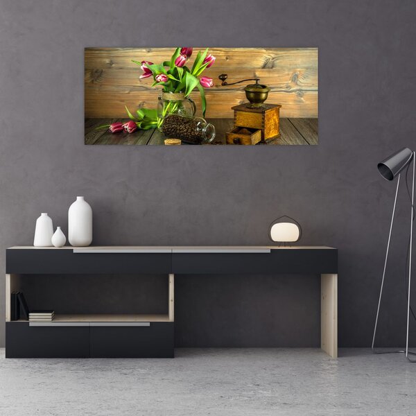 Slika - tulipani, mlinac i kava (120x50 cm)