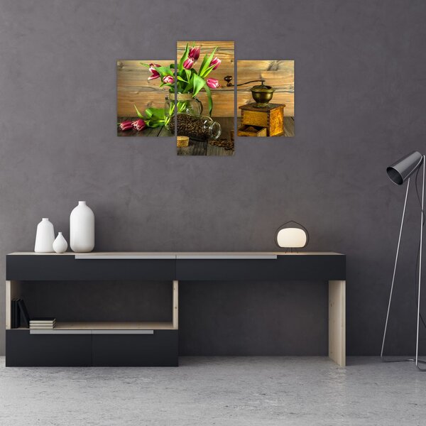 Slika - tulipani, mlinac i kava (90x60 cm)