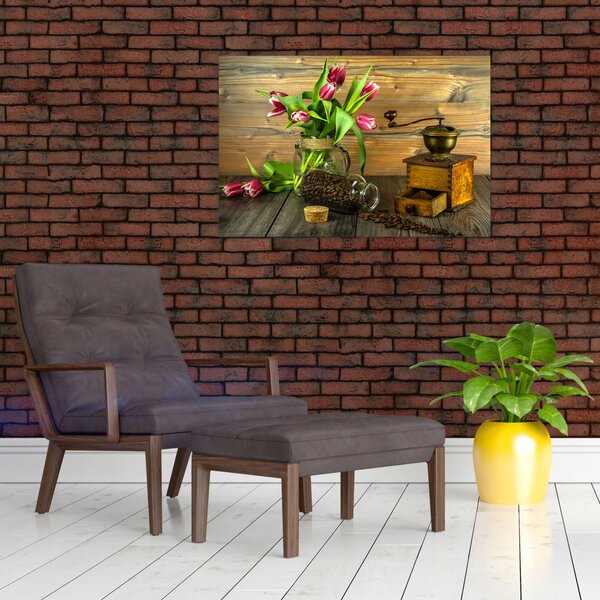 Slika - tulipani, mlinac i kava (90x60 cm)